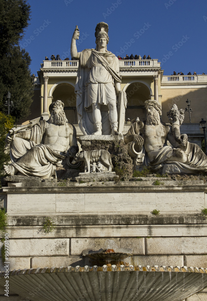 Architectural close up of The fountain of Rome Between the Tiber and the Aniene, in Piazza del Popolo in Rome, Italy
