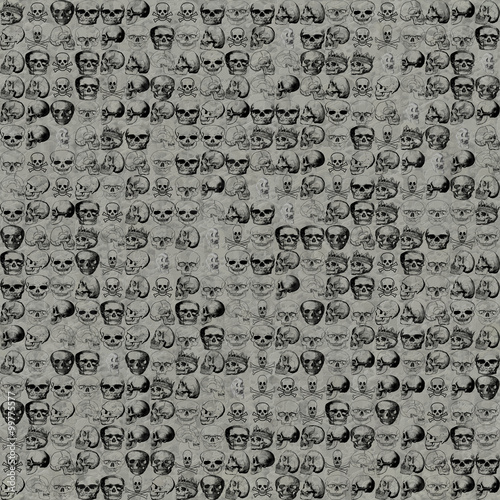 Skulls pattern against the raw head and bloody bones seamless backdrop.
