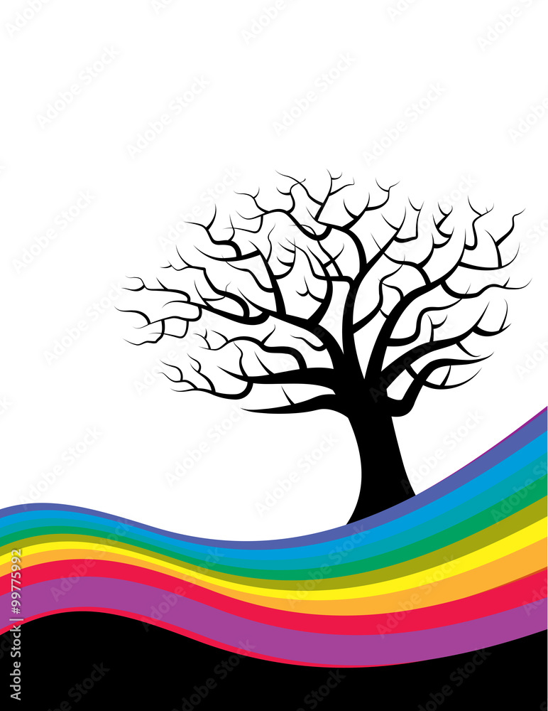 A colorful rainbow frames a bare tree