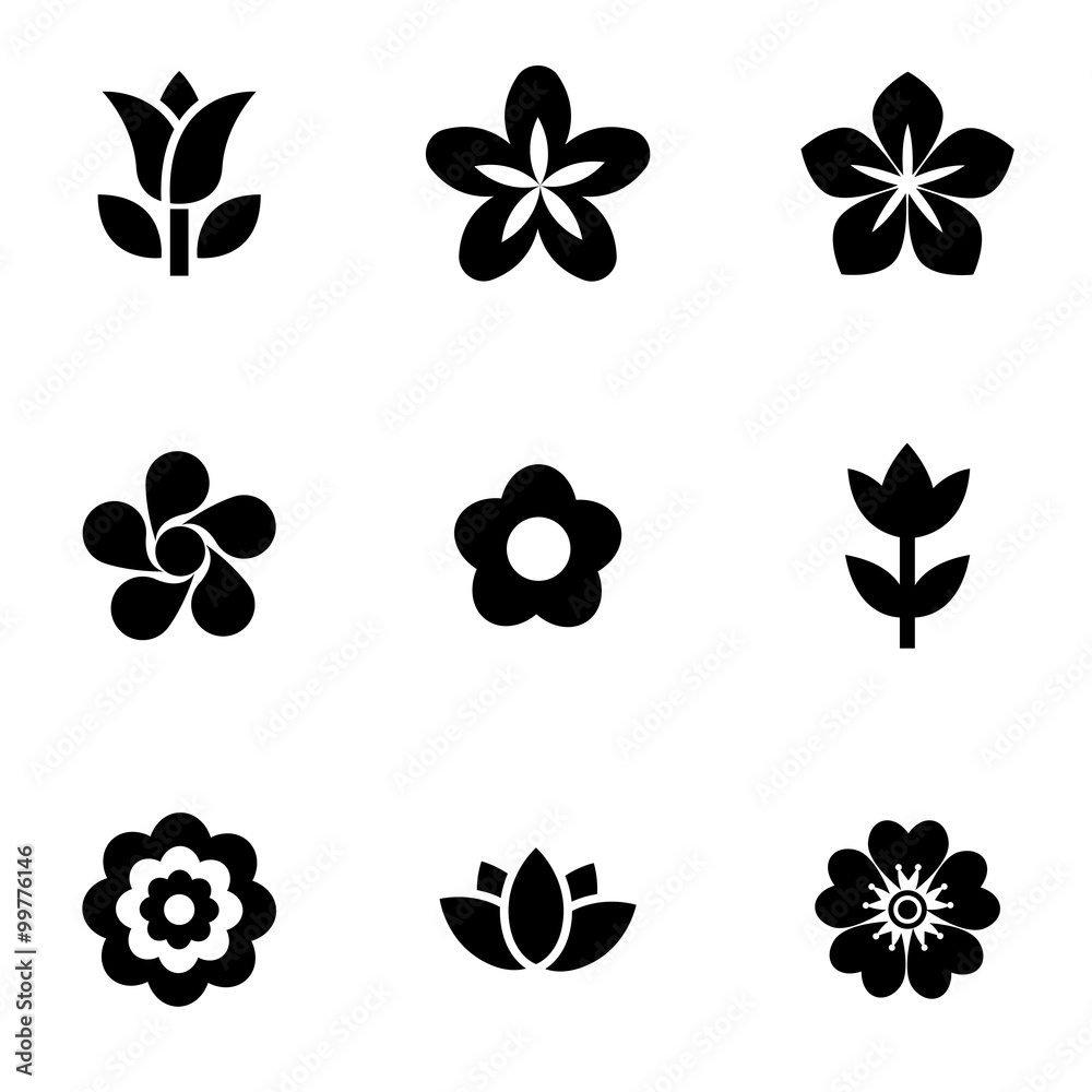 Vector black flowers icon set. Flowers Icon Object, Flowers Icon