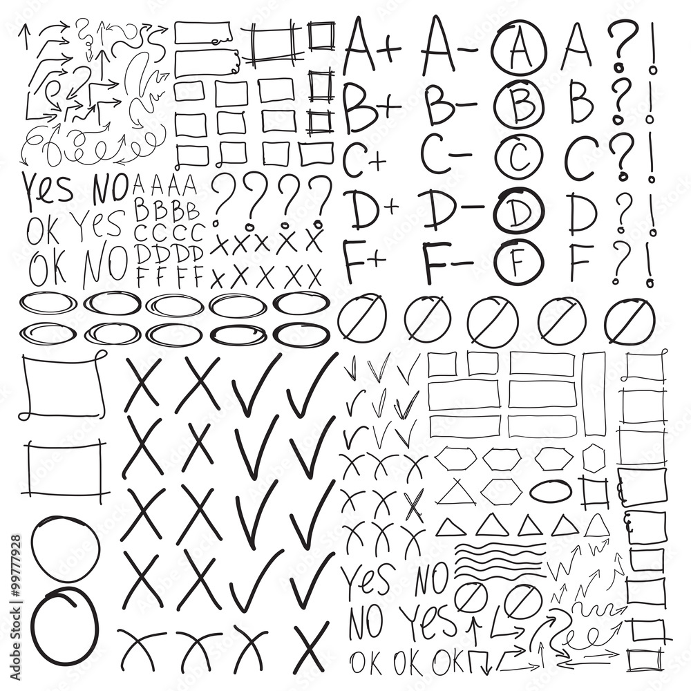 Set of school marks, circle, scribbles,  highlight frames elements, check, underlines, curves, zigzags arrows symbols, square and rectangles borders. Collage grades, triangles, yes, no, ok signs. 