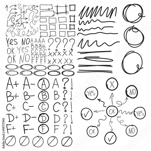 Set of school marks, circle, scribbles,  highlight square frames, check, underlines, zigzags arrows, rectangles borders. Collage grades. Diagram or flowchart, mind mapping. Imitation of hand drawing.
