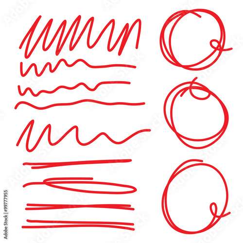Highlighter circles scribbles and underlines, curves and zigzags  set for marks. Vector imitation of hand drawing.