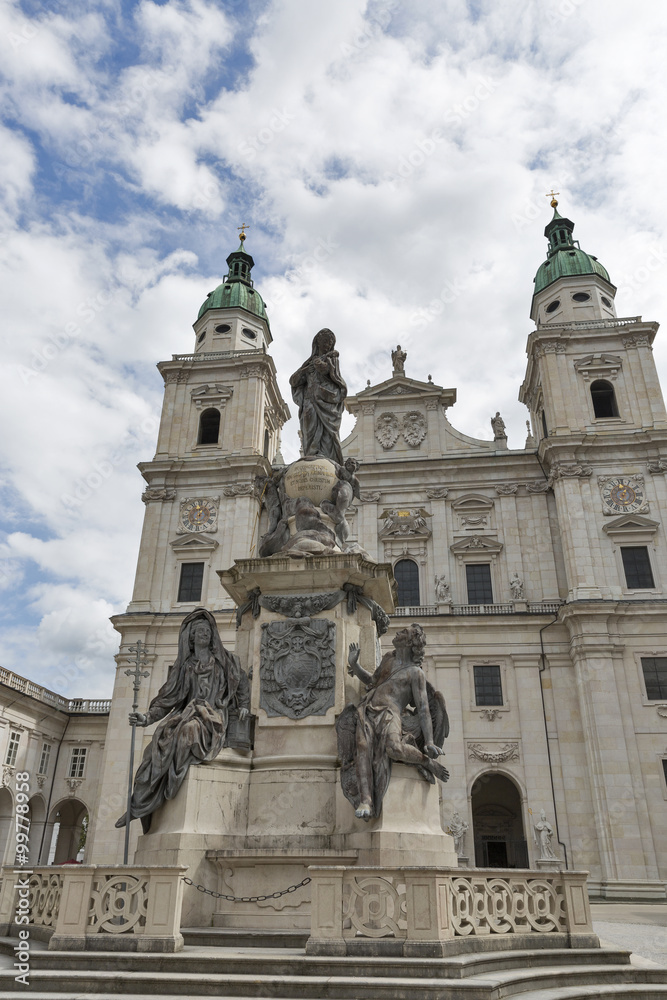 Catholic Cathedral and statue of Immaculate Column in Salzburg, Austria.