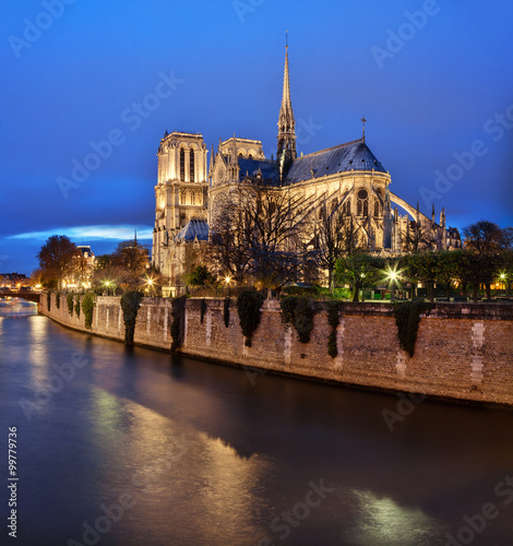 Paris  France  Notre Dame cathedral at dusk with Seine river on foreground