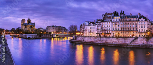 Paris  France  Notre Dame at dusk with Seine river on foreground
