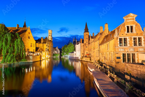 Dock of the Rosary (Rozenhoedkaai) at twilight, a scene from a medieval fairytale in Bruges, Belgium