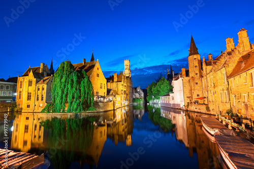 Dock of the Rosary (Rozenhoedkaai) at twilight, a scene from a medieval fairytale in Bruges, Belgium