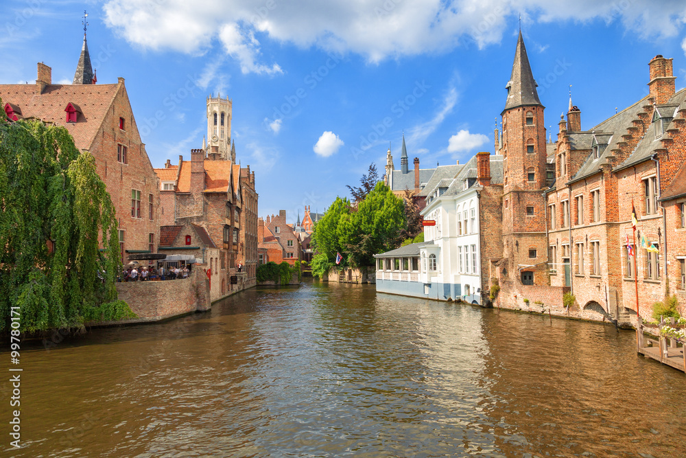 Dock of the Rosary (Rozenhoedkaai) and Belfry. A scene from a medieval fairytale in Bruges, Belgium