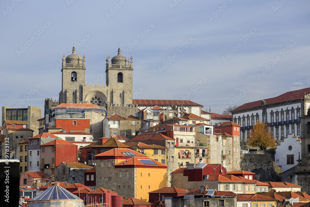 Porto cathedral and house roofs from viewpoint