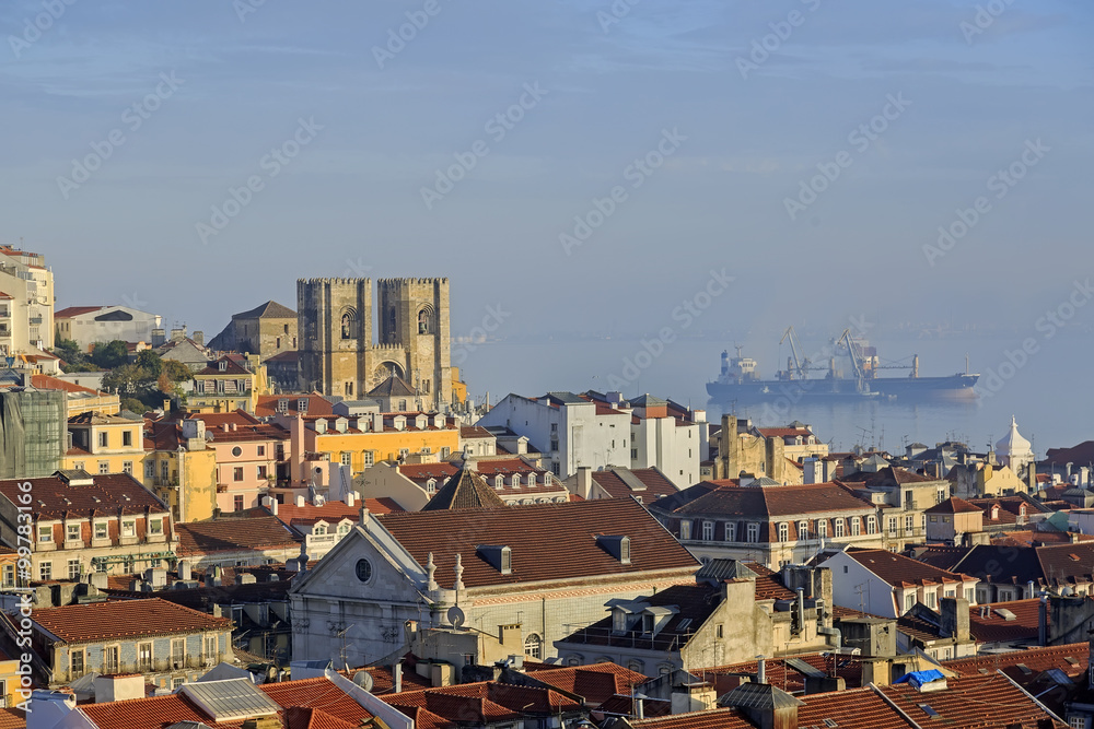 Lisbon cathedral, city roofs and bulk-carrier ship