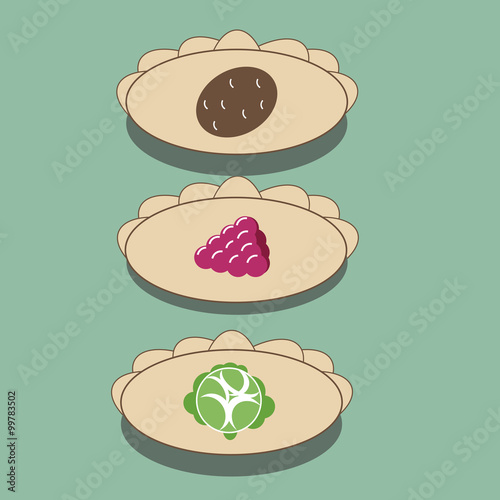 Dumplings with potatoes, cabbage, raspberries. Ravioli and tortellini. The vector of dough