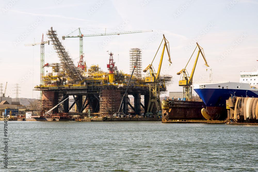 View of a serviced drilling platform in Gdansk Shiprepair Yard side of the port channel