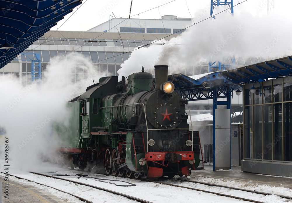 Retro steam train at the station, Kiev, Ukraine