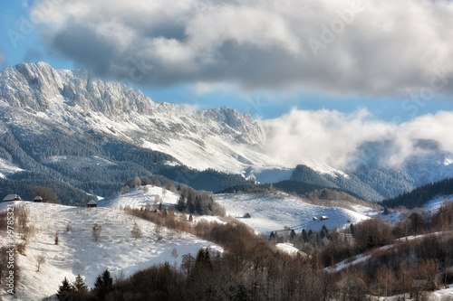 Sunny day of a winter  on wild transylvania hills with Bucegi mountains in background.. 09.01.2016. Sirnea. Romania. Low key  dark background  spot lighting  and rich Old Masters