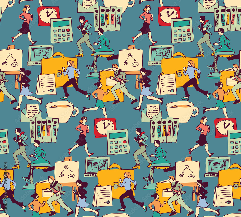 Naklejka premium Business people work office run seamless pattern.