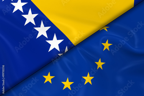 Flags of Bosnia and Herzegovina and the European Union Divided Diagonally - 3D Render of the Bosnian and Herzegovinian Flag and EU Flag with Silky Texture