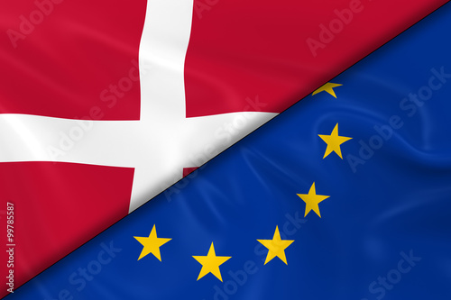 Flags of Denmark and the European Union Divided Diagonally - 3D Render of the Danish Flag and EU Flag with Silky Texture