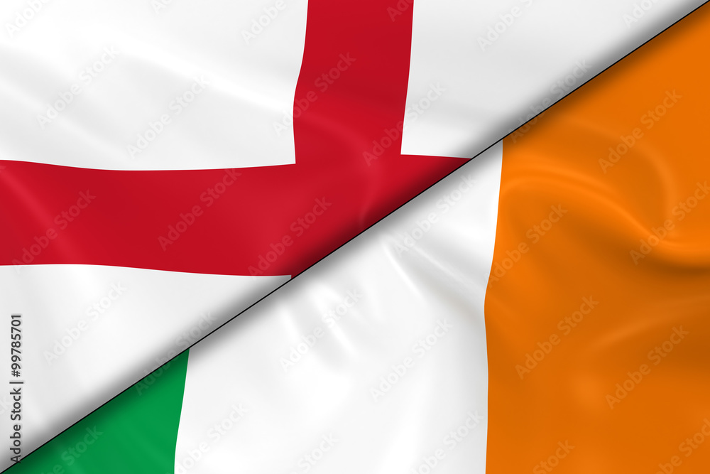 Flags of England and Ireland Divided Diagonally - 3D Render of t Flags of England and Ireland Divided Diagonally - 3D Render of t