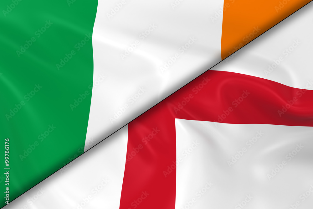Flags of Ireland and England Divided Diagonally - 3D Render of t