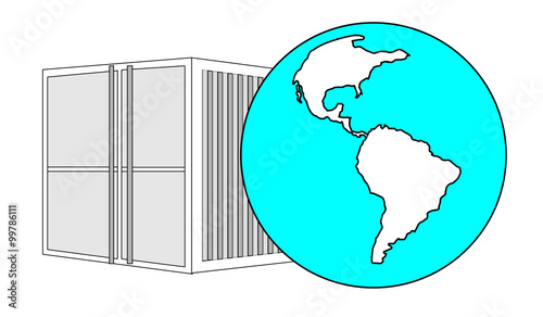 Illustration of metal 40 ft sea container with light blue world globe
