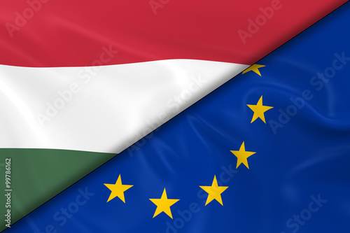Flags of Hungary and the European Union Divided Diagonally - 3D Render of the Hungarian Flag and EU Flag with Silky Texture