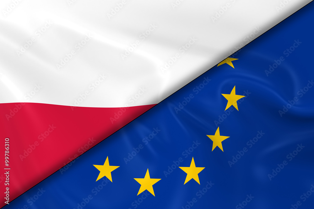 Flags of Poland and the European Union Divided Diagonally - 3D Render of the Polish Flag and EU Flag with Silky Texture Flags of Poland and the European Union Divided Diagonally - 3D Render of the Polish Flag and EU Flag with Silky Texture