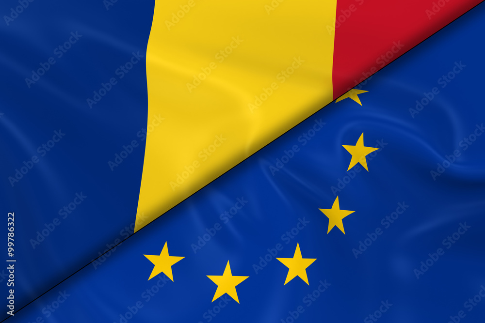 Flags of Romania and the European Union Divided Diagonally - 3D Render of the Romanian Flag and EU Flag with Silky Texture
