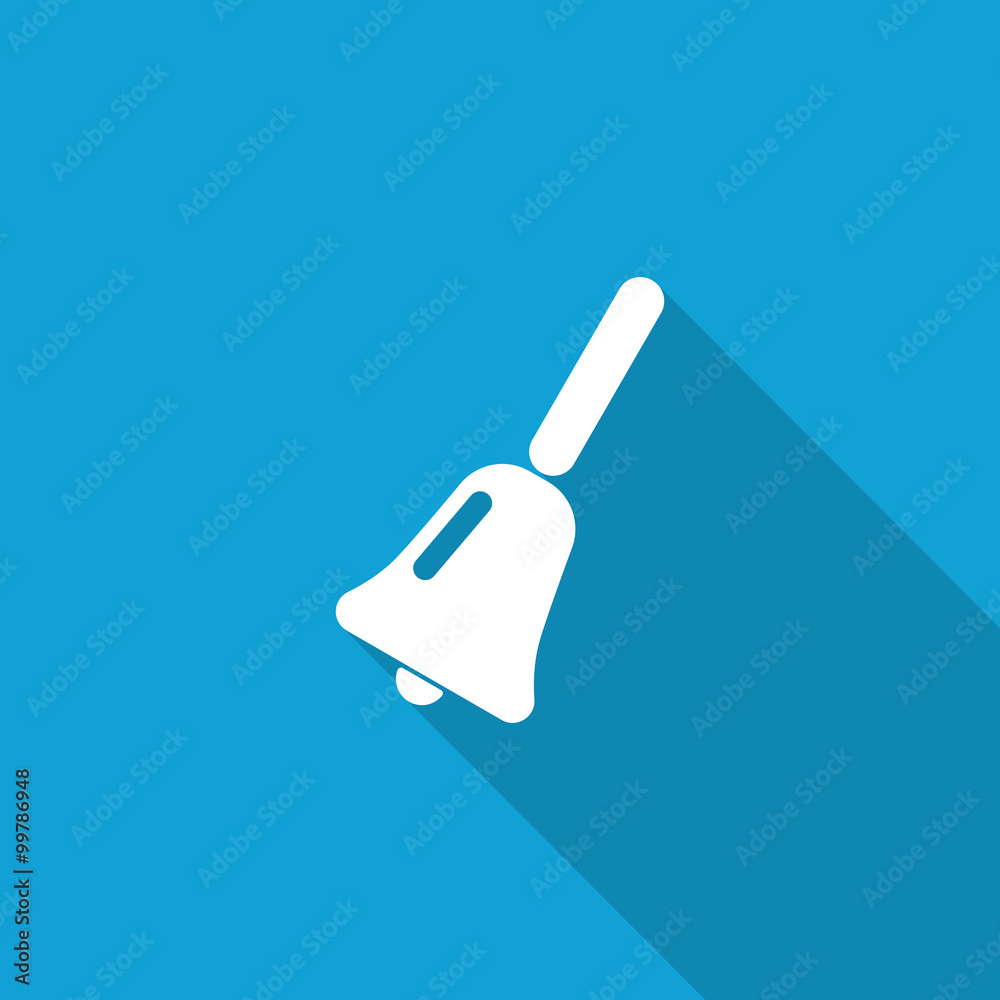 Flat School Bell icon with long shadow on blue backround