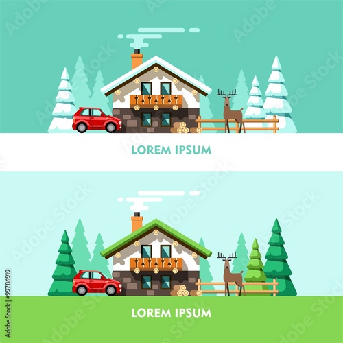 Country house. Nature. Winter. Summer. Flat design vector concept illustration.