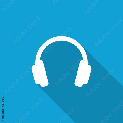 Flat Headphones icon with long shadow on blue backround