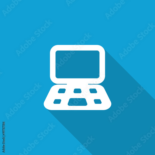 Flat Computer icon with long shadow on blue backround