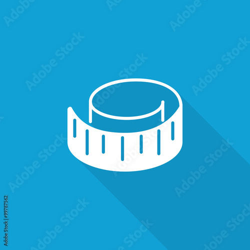 Flat Measuring Tape icon with long shadow on blue backround