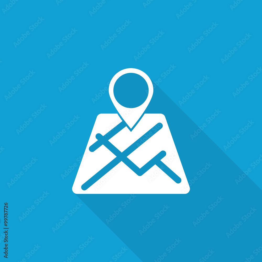 Flat Map Pointer icon with long shadow on blue backround Flat Map Pointer icon with long shadow on blue backround
