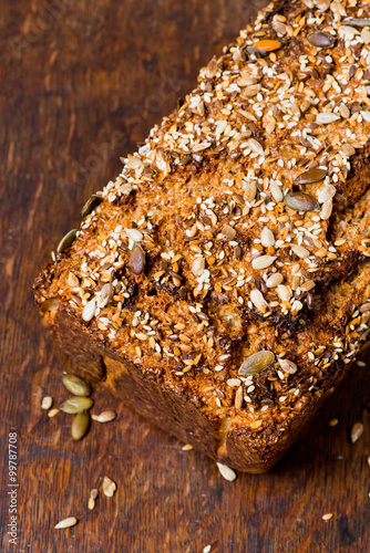 Homemade low carb Dukan bread with pumpkin and flax seeds. photo