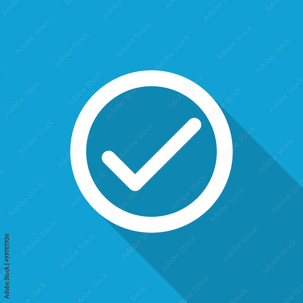 Flat Confirm icon with long shadow on blue backround Flat Confirm icon with long shadow on blue backround