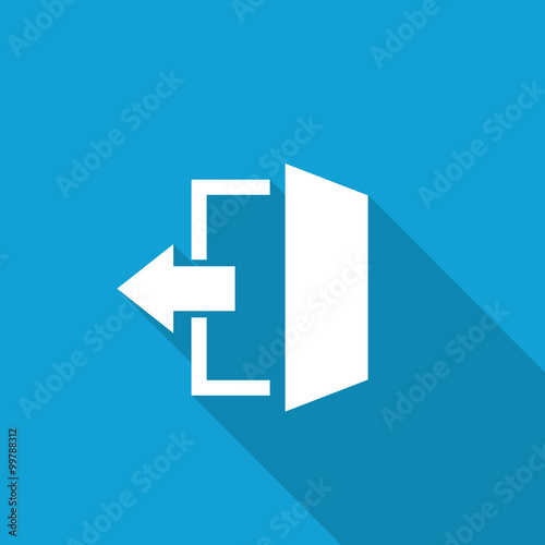Flat Exit icon with long shadow on blue backround