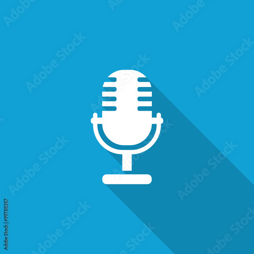 Flat Microphone icon with long shadow on blue backround