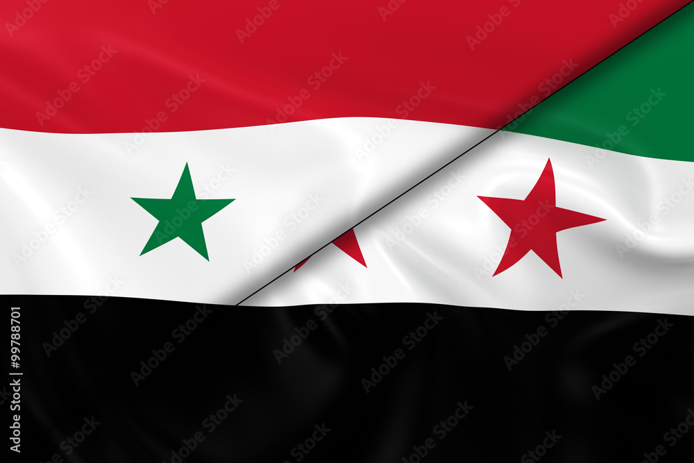 Syrian Crisis Concept Image - Flags of the Syrian Government and Syrian Crisis Concept Image - Flags of the Syrian Government and