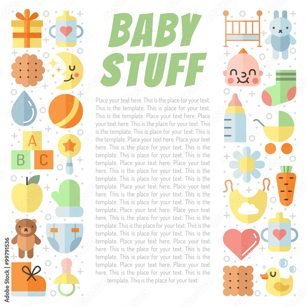 Baby (girl and boy) stuff flat multicolored cute vector background with place for your text. Modern minimalistic design.
