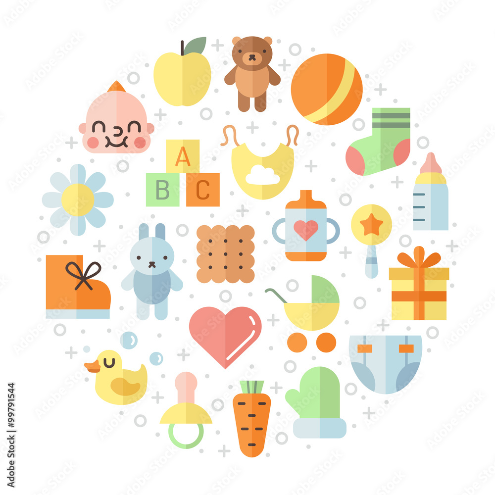 Baby (girl and boy) stuff flat multicolored cute vector circle background. Modern 
minimalistic design.