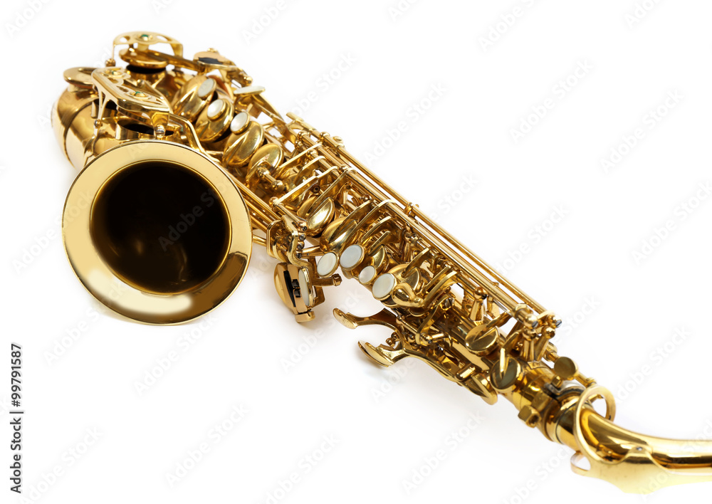 Fototapeta premium Golden saxophone isolated on white background, close up
