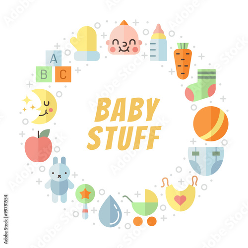 Baby (girl and boy) stuff flat multicolored cute vector circle frame. Modern minimalistic design (part one).