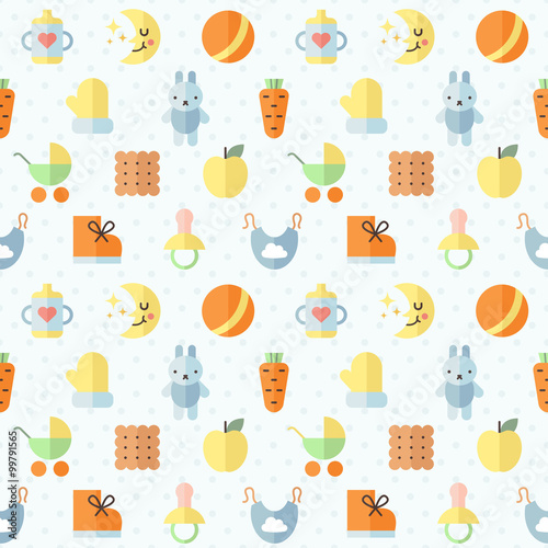 Baby (girl and boy) stuff flat multicolored cute vector seamless pattern. Modern minimalistic design. Part one.