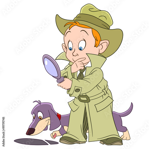 smart young cartoon detective boy and his bloodhound dog are solving a mysterious footprint