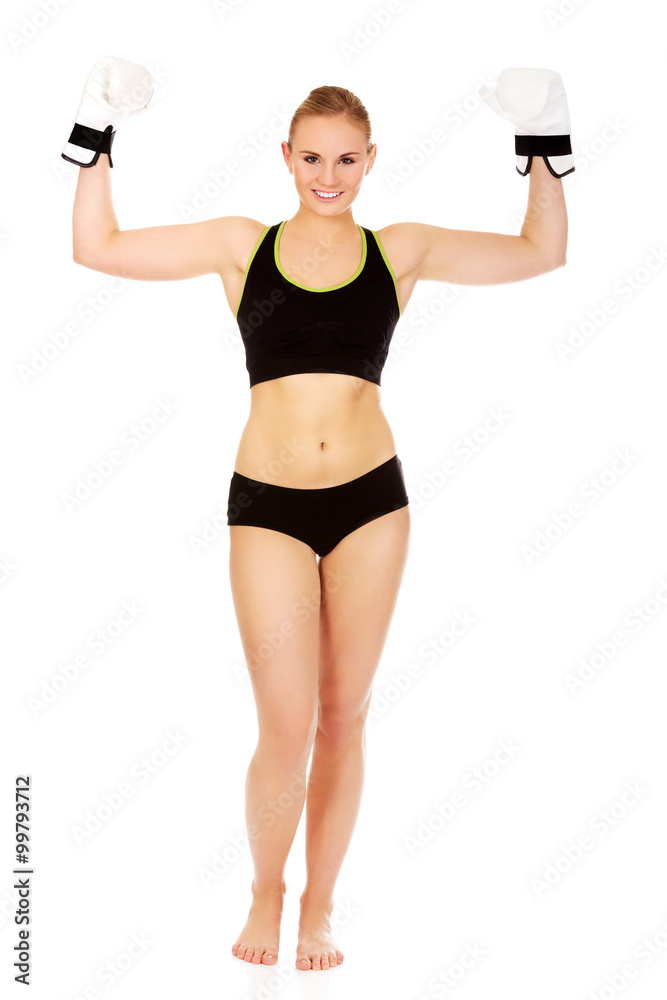 Boxing fitness woman wearing white boxing gloves Boxing fitness woman wearing white boxing gloves