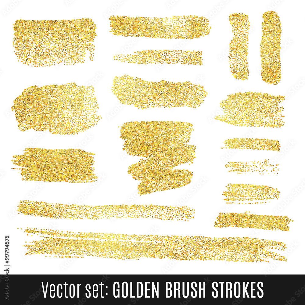 Set of golden watercolor brush stroke isolated on white background