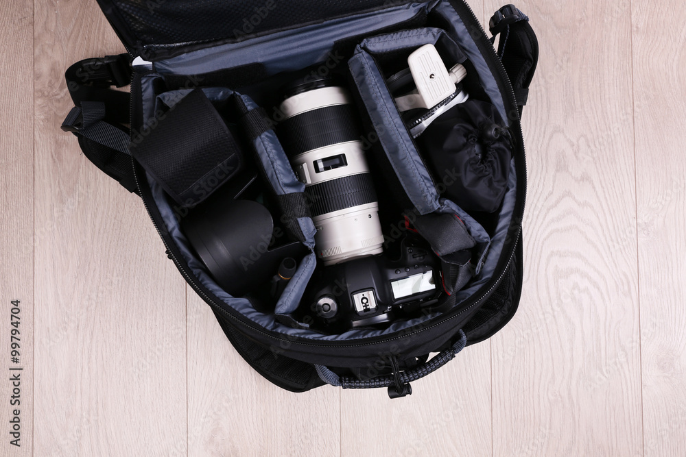 Naklejka premium Photographer's equipment on the floor in a room