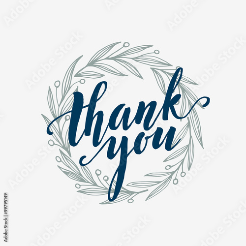 Card template with hand drawn leaf border and hand written Tahank You text. Vector illustration