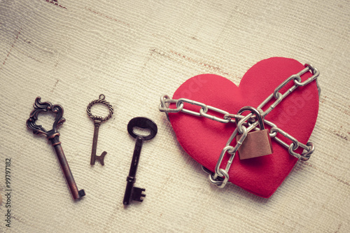 A heart tied with chains and locks surrounded by keys
